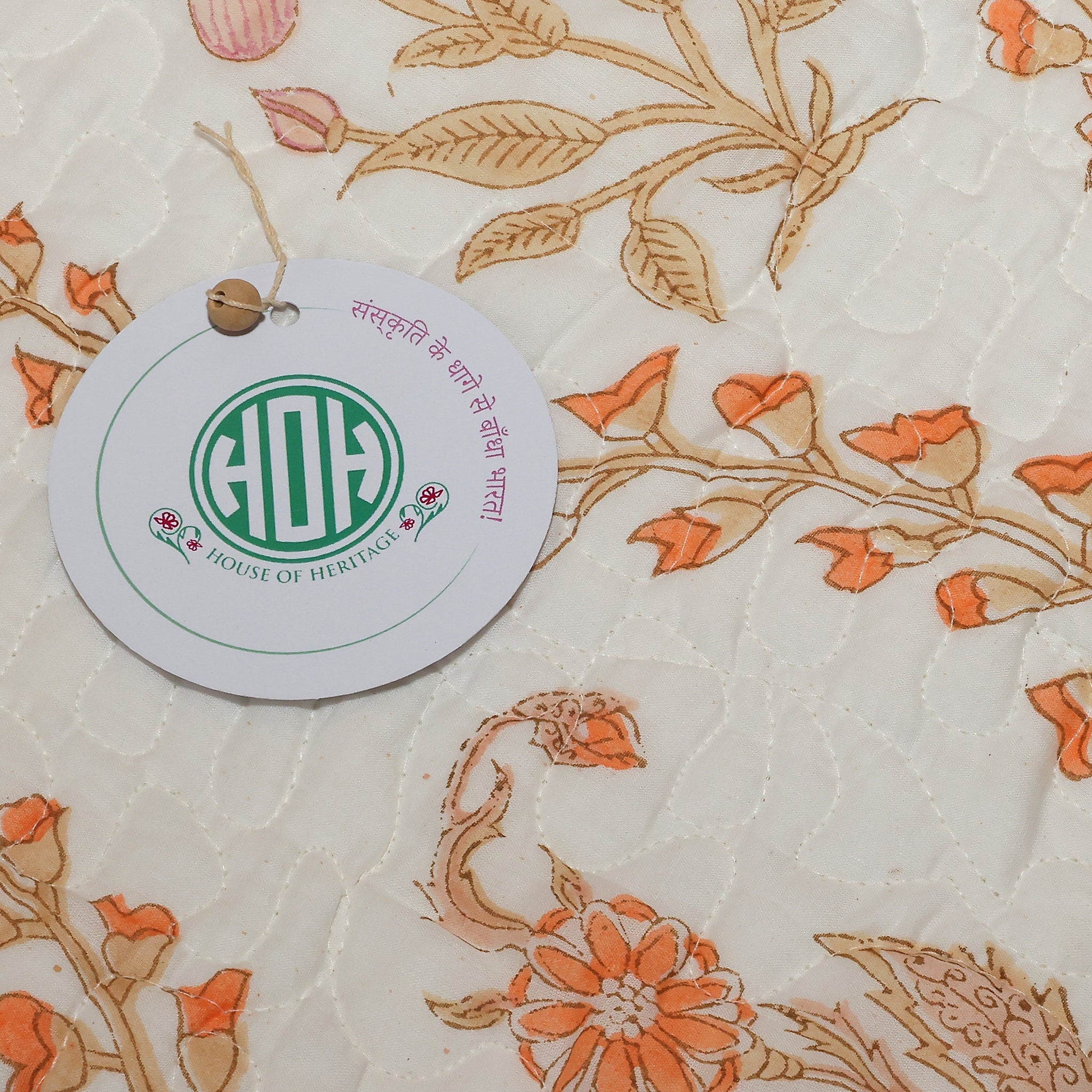 Handcrafted Block Printed Orange Wavy Print Quilted Bedcover With Two Pillowcases