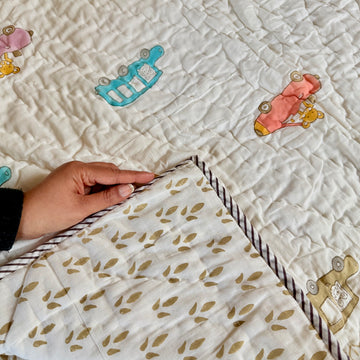 Car Design Handcrafted Block Printed Kids Quilt | Soft & Cozy Cotton Quilt for Babies & Toddlers