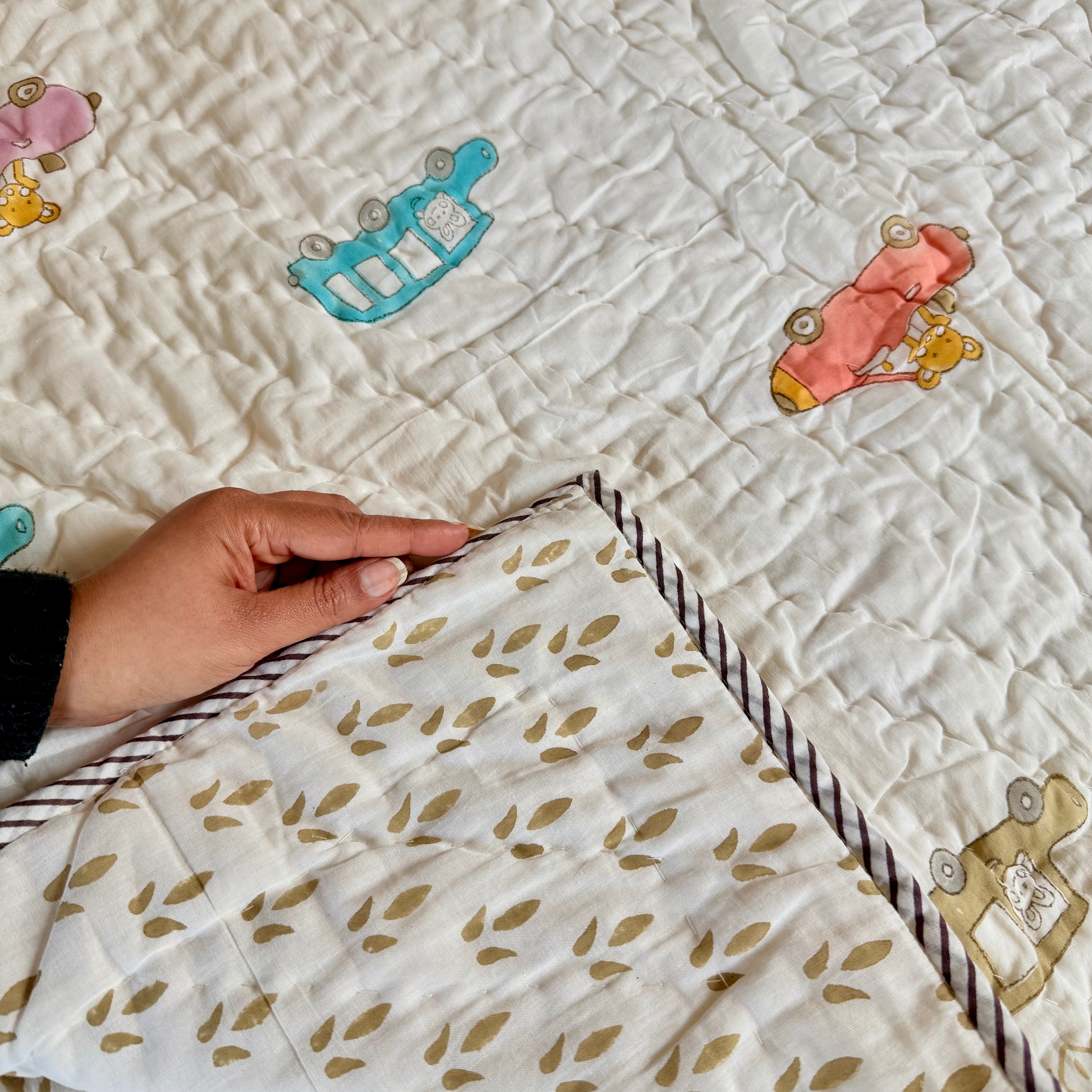 Car Design Handcrafted Block Printed Kids Quilt | Soft & Cozy Cotton Quilt for Babies & Toddlers