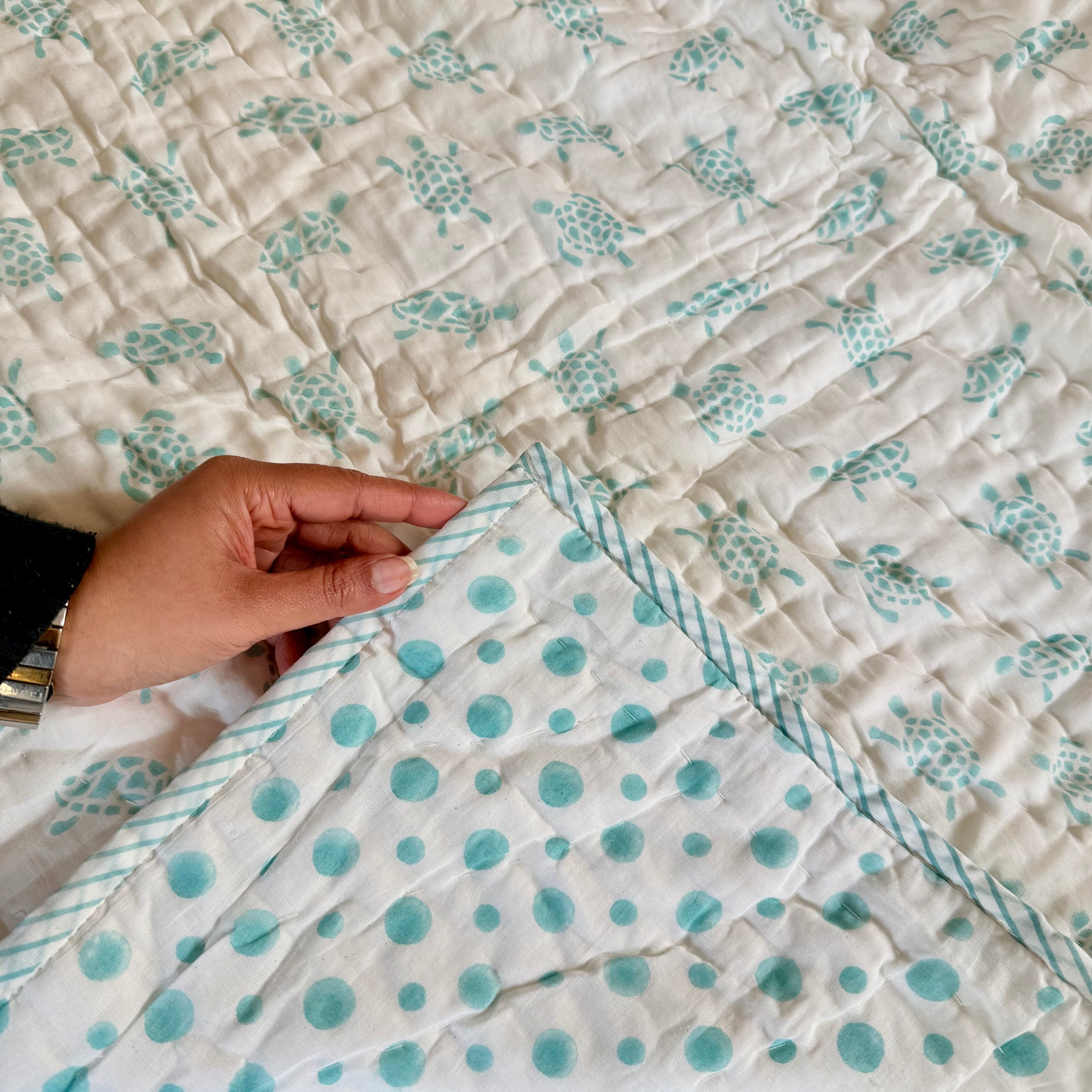 Turtle Design Handcrafted Block Printed Kids Quilt | Soft & Cozy Cotton Quilt for Babies & Toddlers