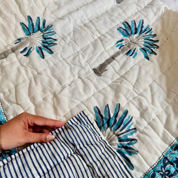 Handcrafted Kids Quilt with Traditional Blue Palm Block Print | Soft & Cozy Cotton Quilt for Babies & Toddlers