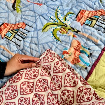 Handcrafted Kids Quilt with Traditional Coconut Block Print | Soft & Cozy Cotton Quilt for Babies & Toddlers