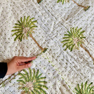Handcrafted Kids Quilt with Traditional Green Palm Block Print | Soft & Cozy Cotton Quilt for Babies & Toddlers