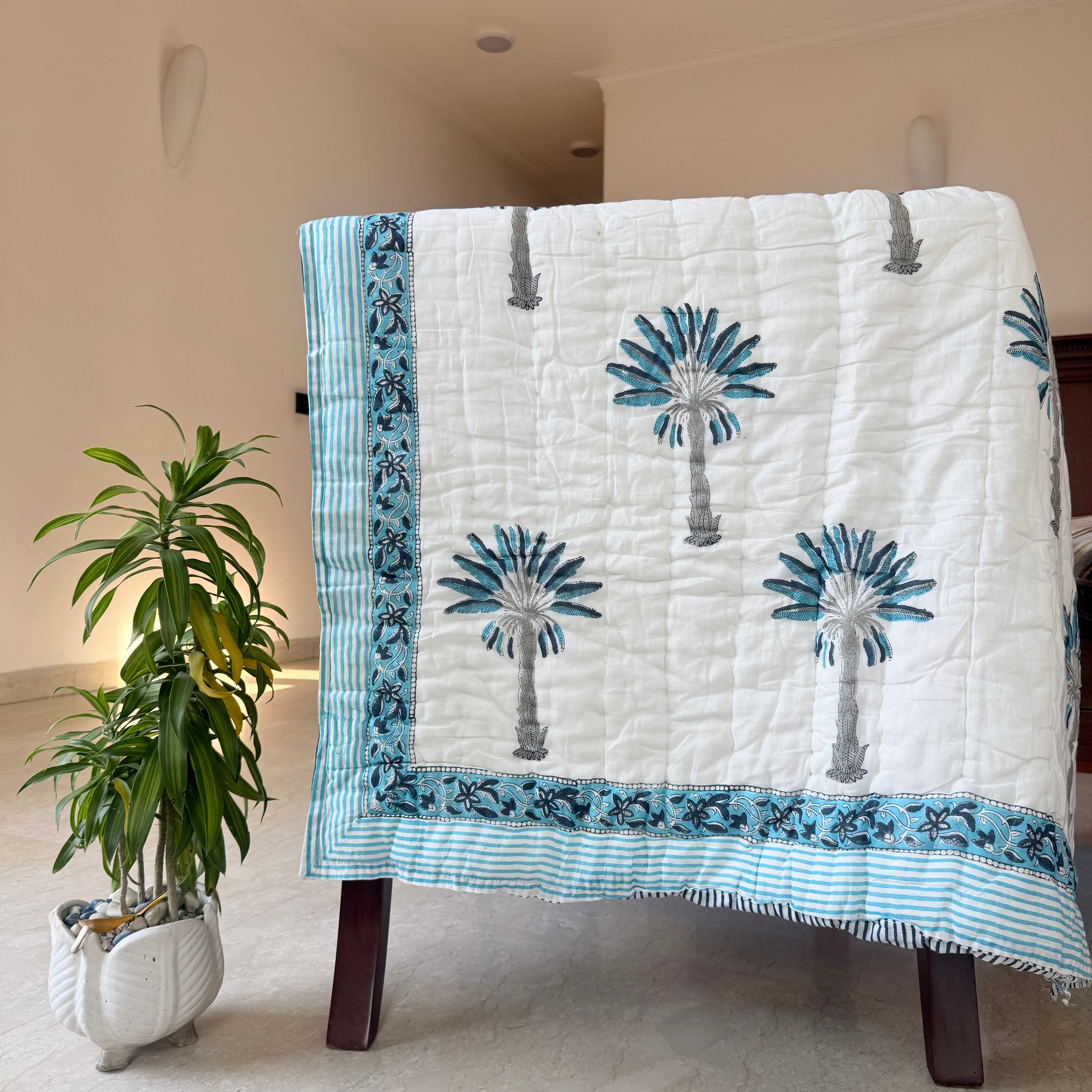 Handcrafted Kids Quilt with Traditional Blue Palm Block Print | Soft & Cozy Cotton Quilt for Babies & Toddlers
