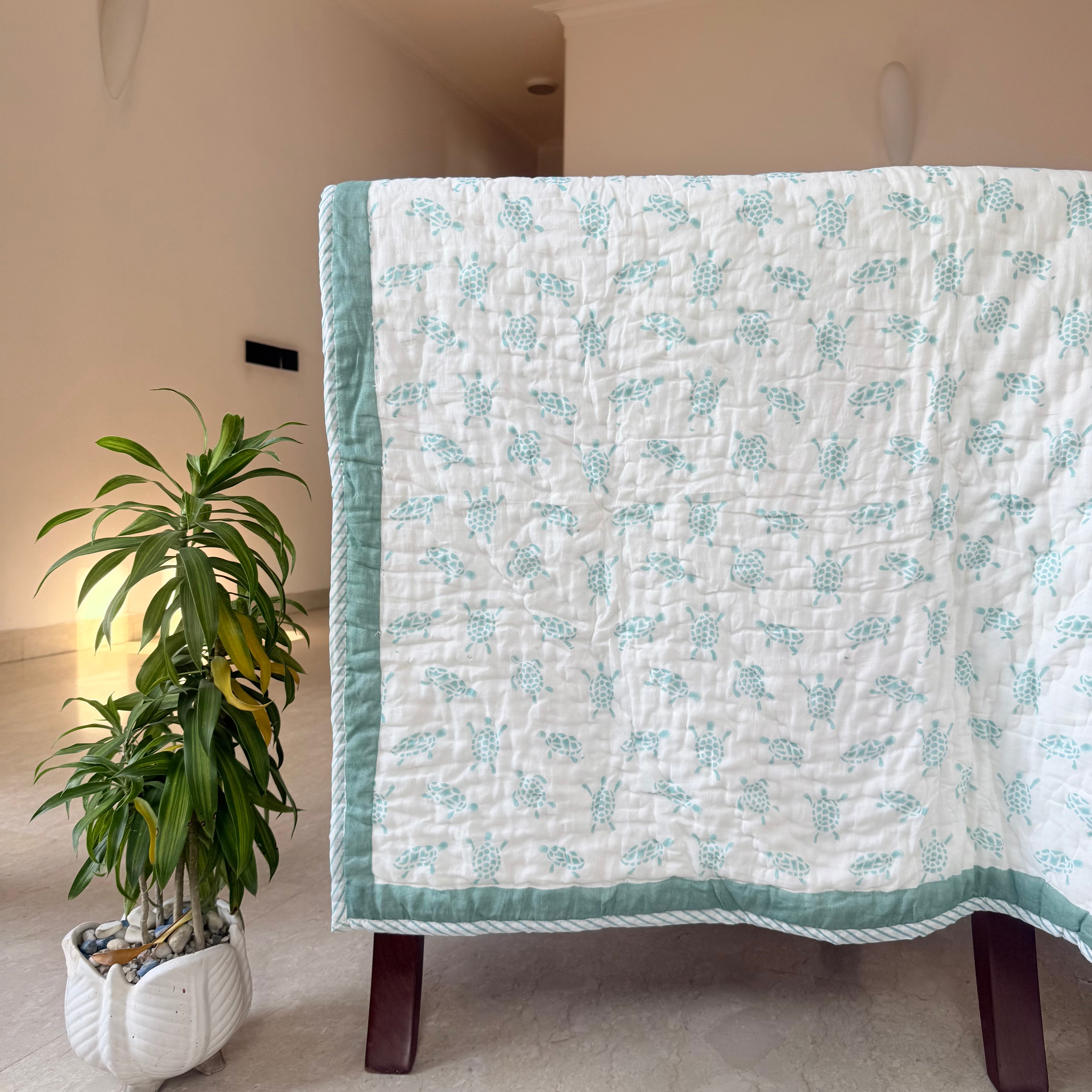 Turtle Design Handcrafted Block Printed Kids Quilt | Soft & Cozy Cotton Quilt for Babies & Toddlers