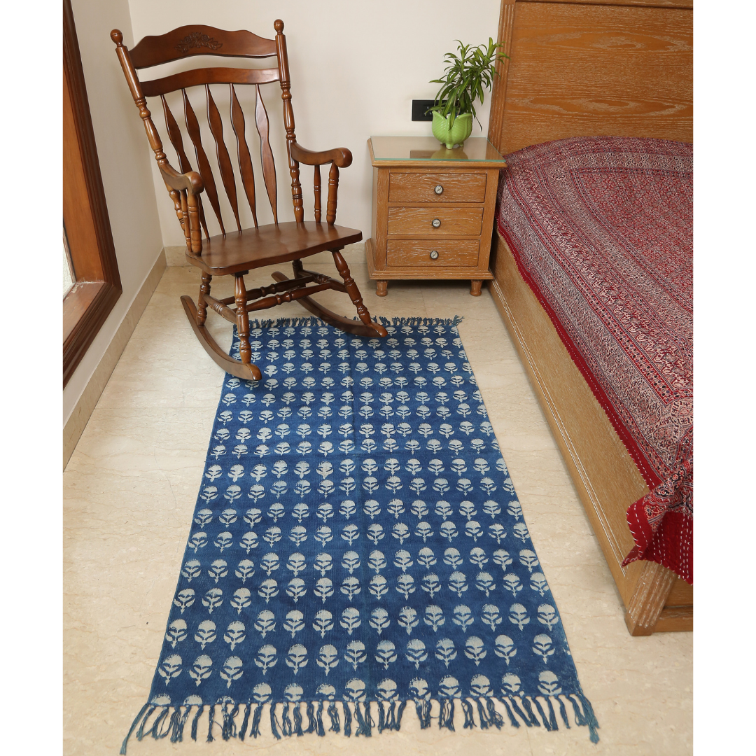 Indigo Bloom Buti Rug – Handwoven Cotton Mat with Floral Motifs