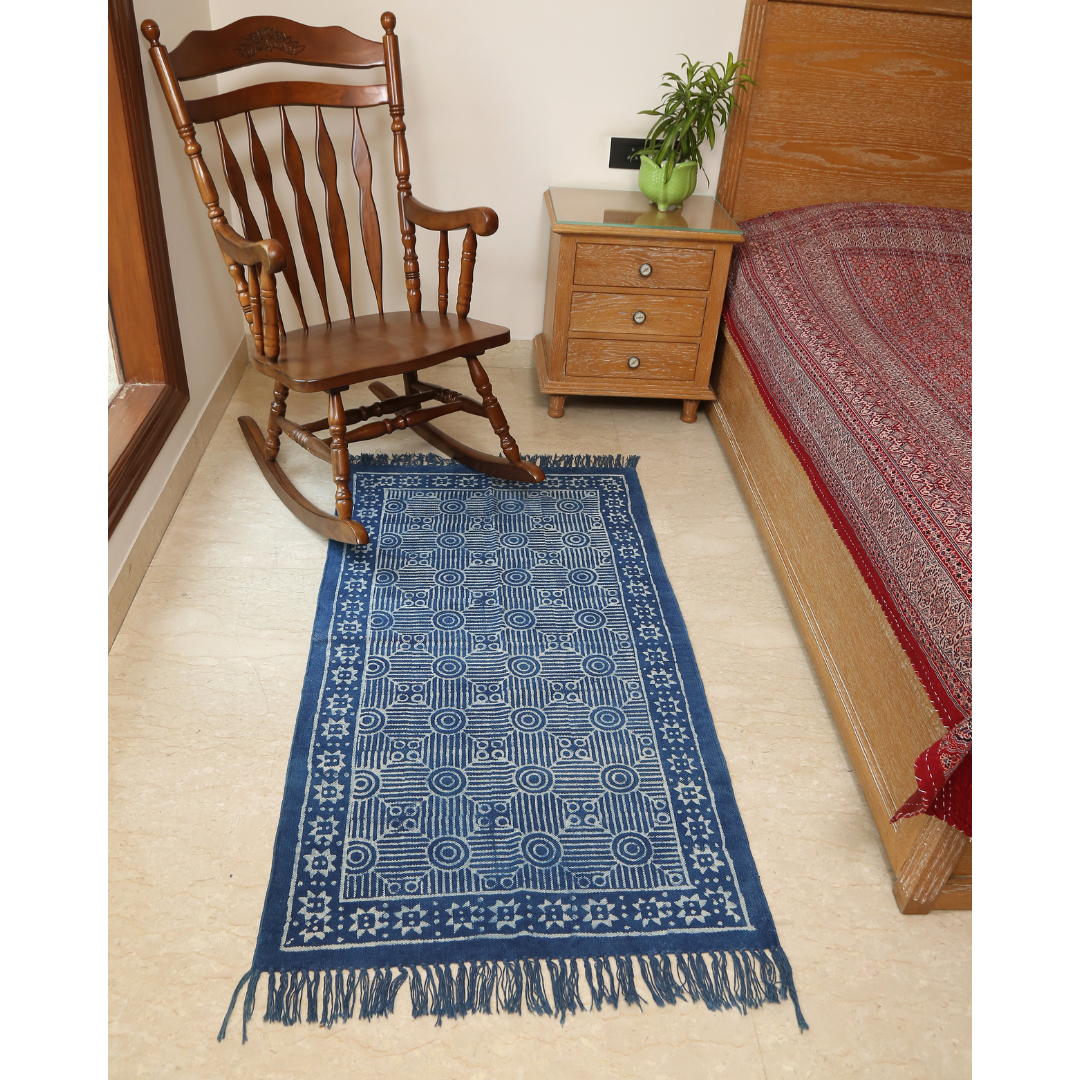 Circular Block Printed Cotton Dhurrie Rug | Handcrafted Cotton Area Rug for Home & Living Room Decor