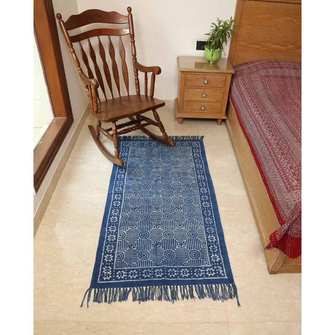 Circular Block Printed Cotton Dhurrie Rug | Handcrafted Cotton Area Rug for Home & Living Room Decor