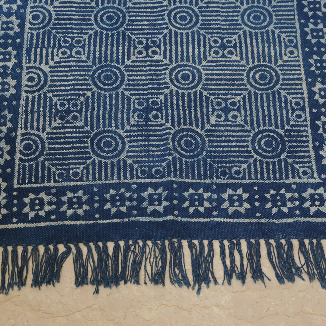Circular Block Printed Cotton Dhurrie Rug | Handcrafted Cotton Area Rug for Home & Living Room Decor