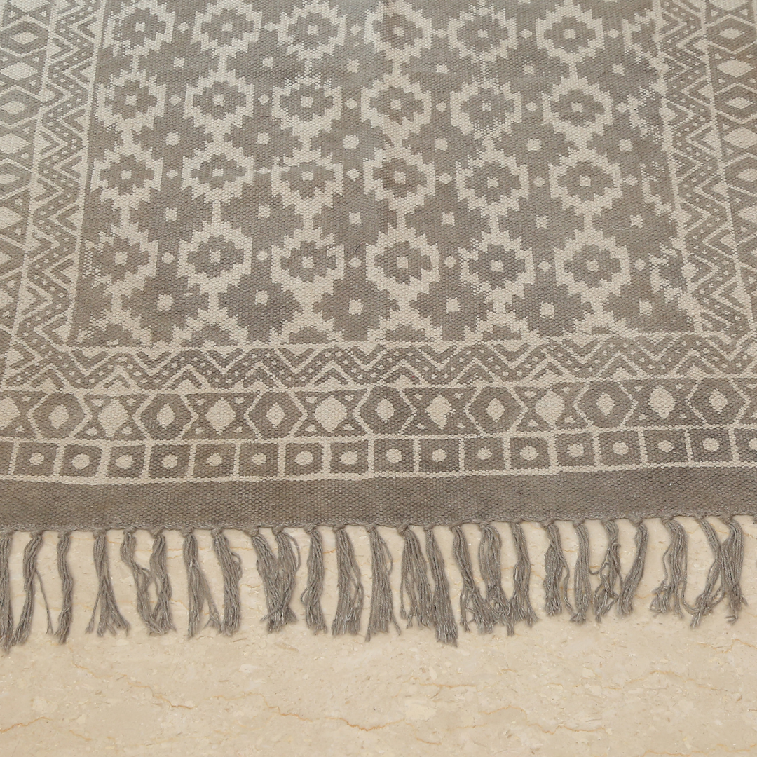 Rugged Block Printed Cotton Dhurrie Rug | Handcrafted Cotton Area Rug for Home & Living Room Decor