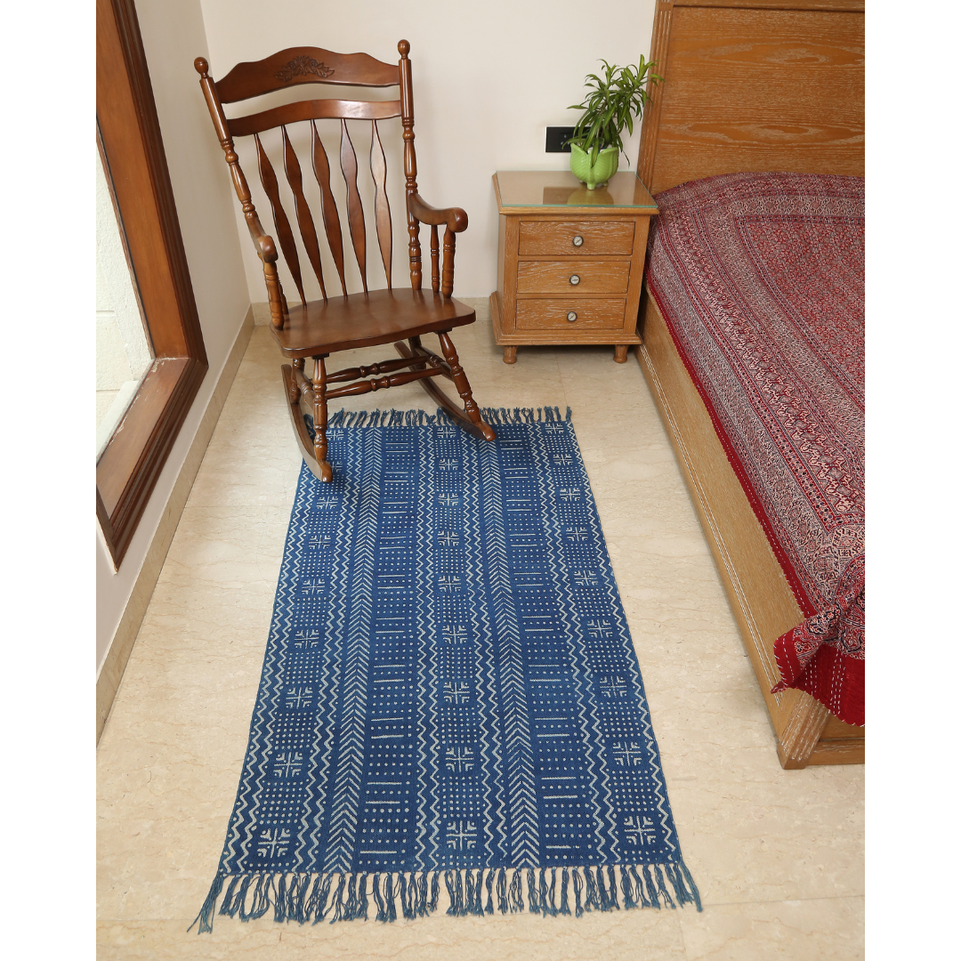 Wavy Block Printed Cotton Dhurrie Rug | Handwoven Cotton Area Rug for Home & Living Room Decor