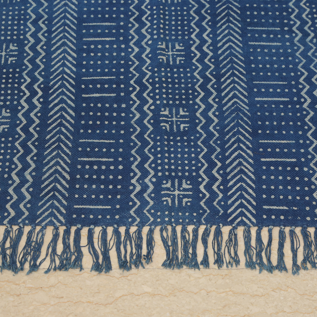 Wavy Block Printed Cotton Dhurrie Rug | Handwoven Cotton Area Rug for Home & Living Room Decor