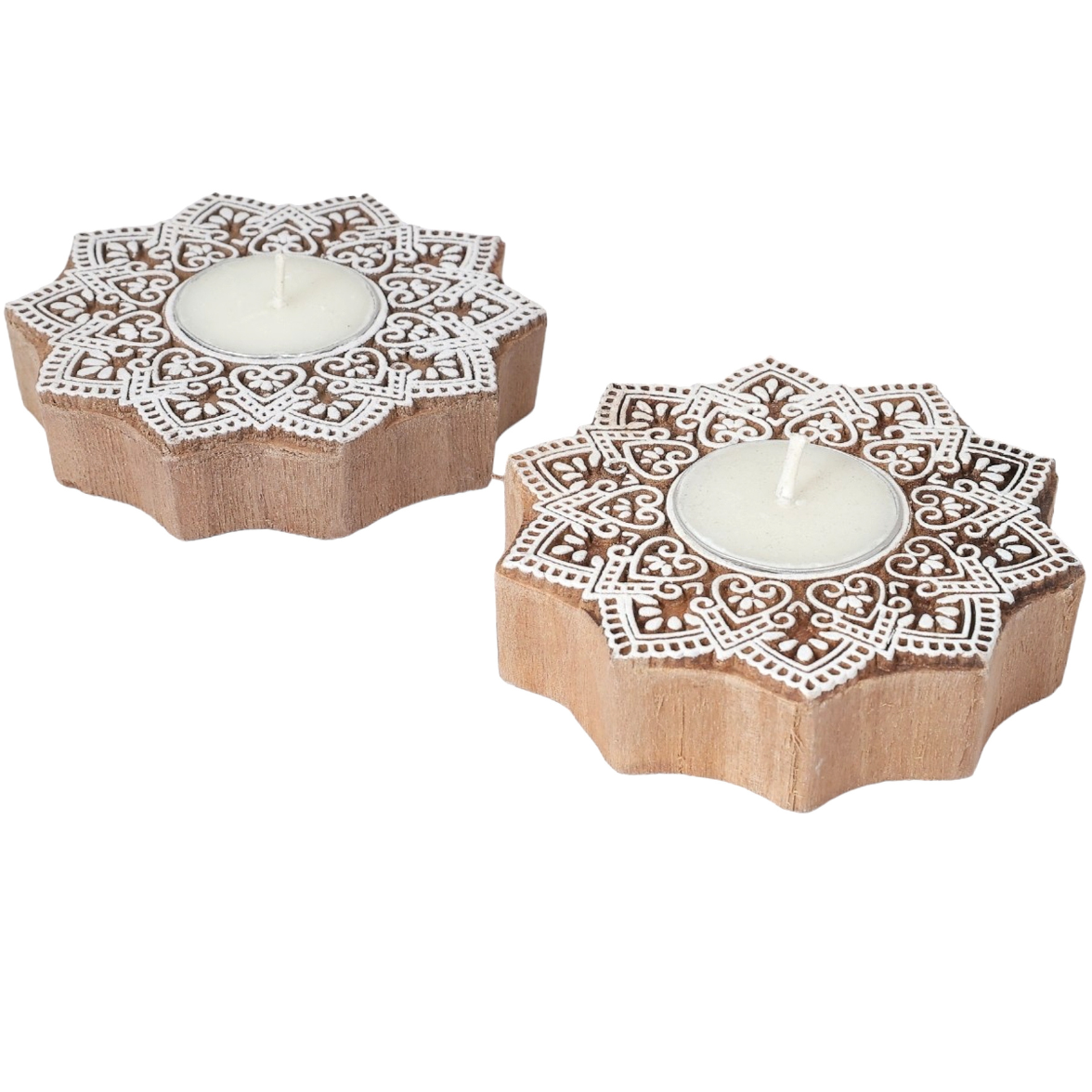 Traditional Wooden Flower Block Print Diya | Artisan-Made Indian T Lite (Set of 2)