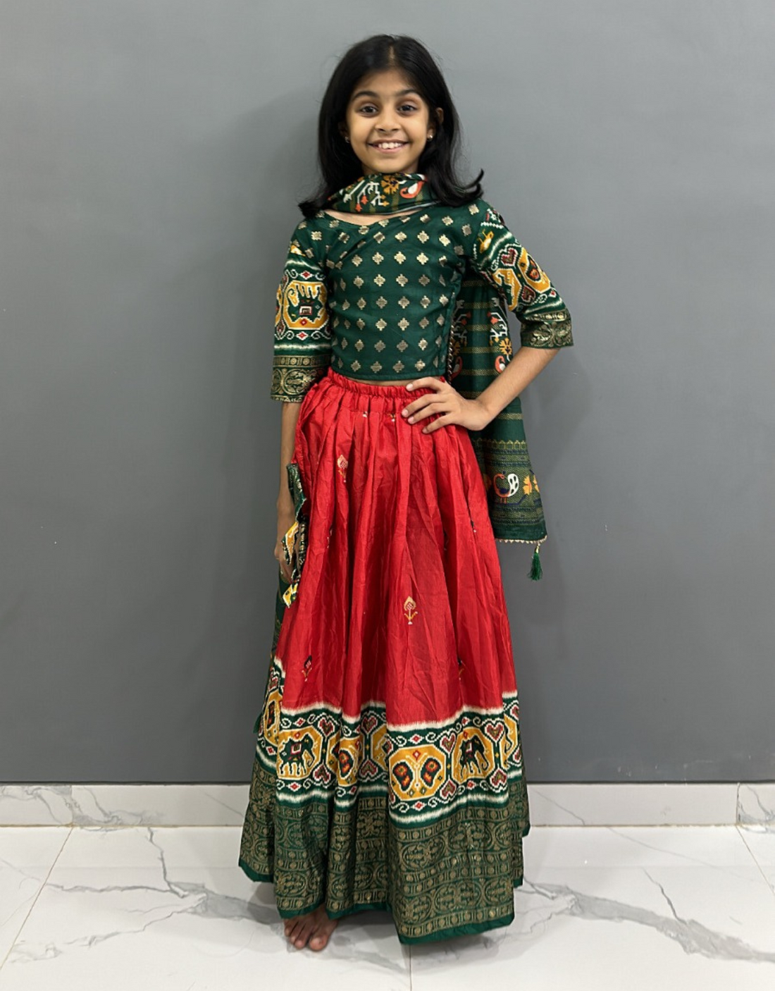 Red and Green Border Girls Lehenga