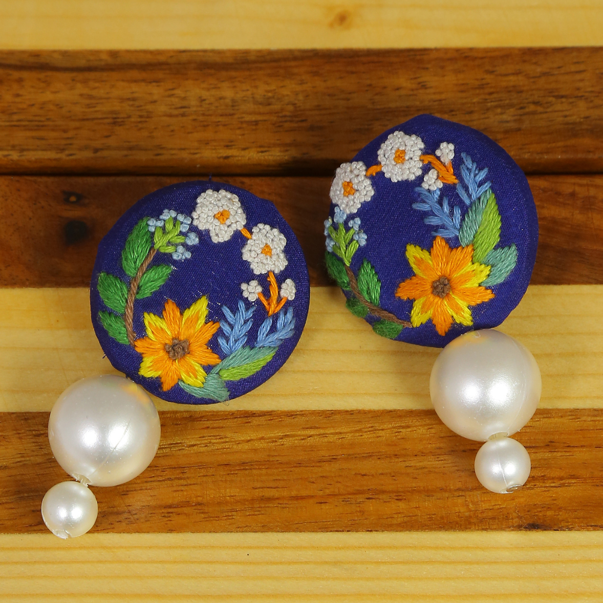 Embroidered Parsi Gara Pearl Drop Earrings