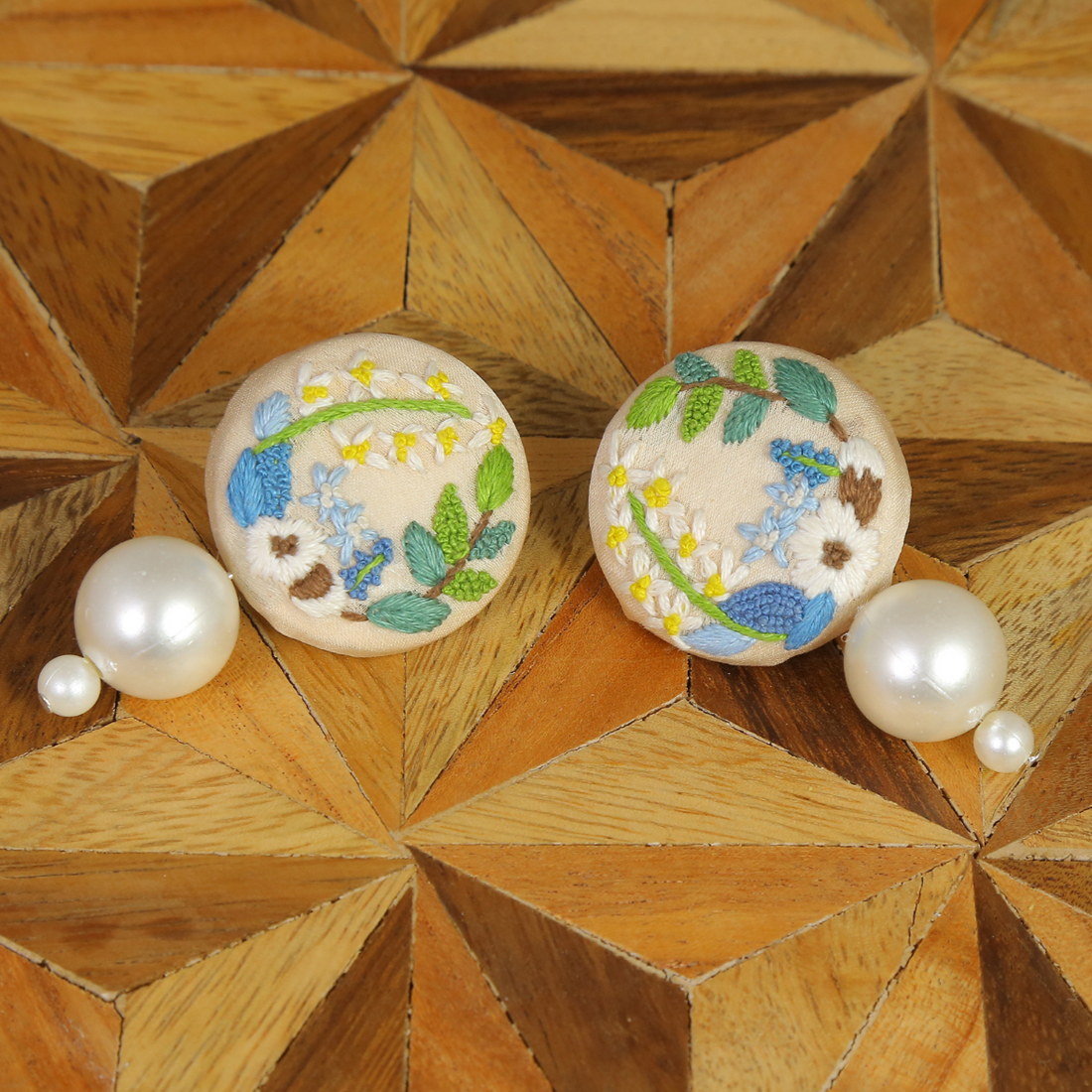 Embroidered Parsi Gara Pearl Drop Earrings