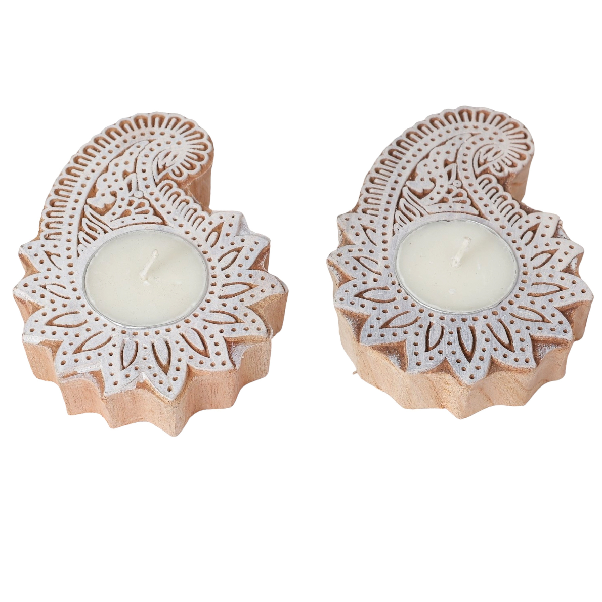 Traditional Wooden Paisley Block Print Diya | Artisan-Made Indian T Lite (Set of 2)