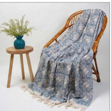 Handcrafted Indigo Blue Geometric Pattern Cotton Throw – Boho Ethnic Style with Tassels | Perfect for Living Room and Bedroom Decor
