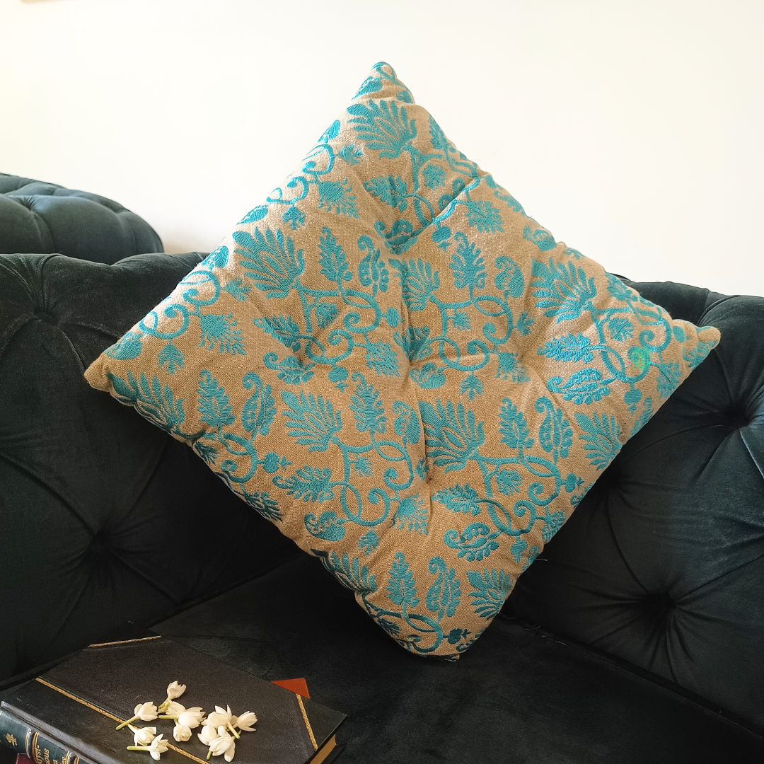 Teal Leaf Brocade Cushion – Elegant Sofa Pillow for Living Room