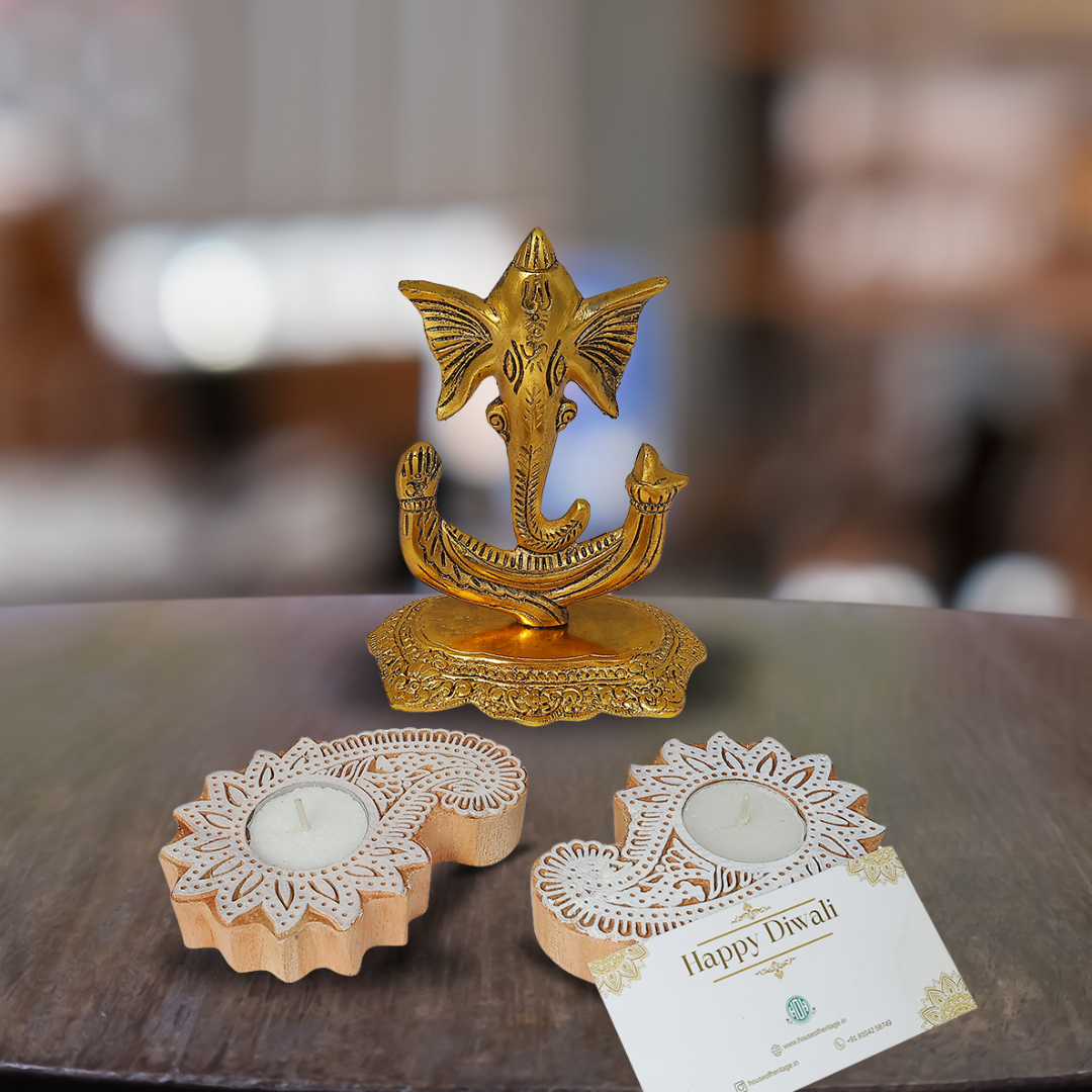 Diwali Gift Box - Trishul Ganesh &  Wooden Diya Combo
