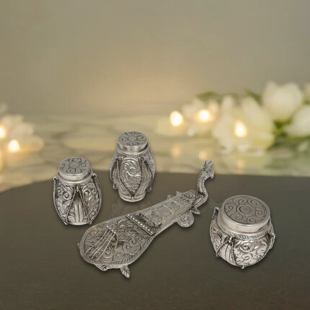 Decorative Silver Carving Tabla Set | Handcrafted Musical Showpiece for Home & Office Decor