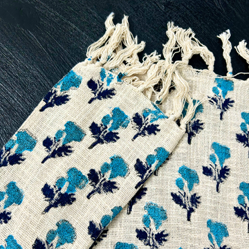 Teal Floral Handblock Printed Cotton Throw with Tassels | Perfect for Living Room and Bedroom Decor