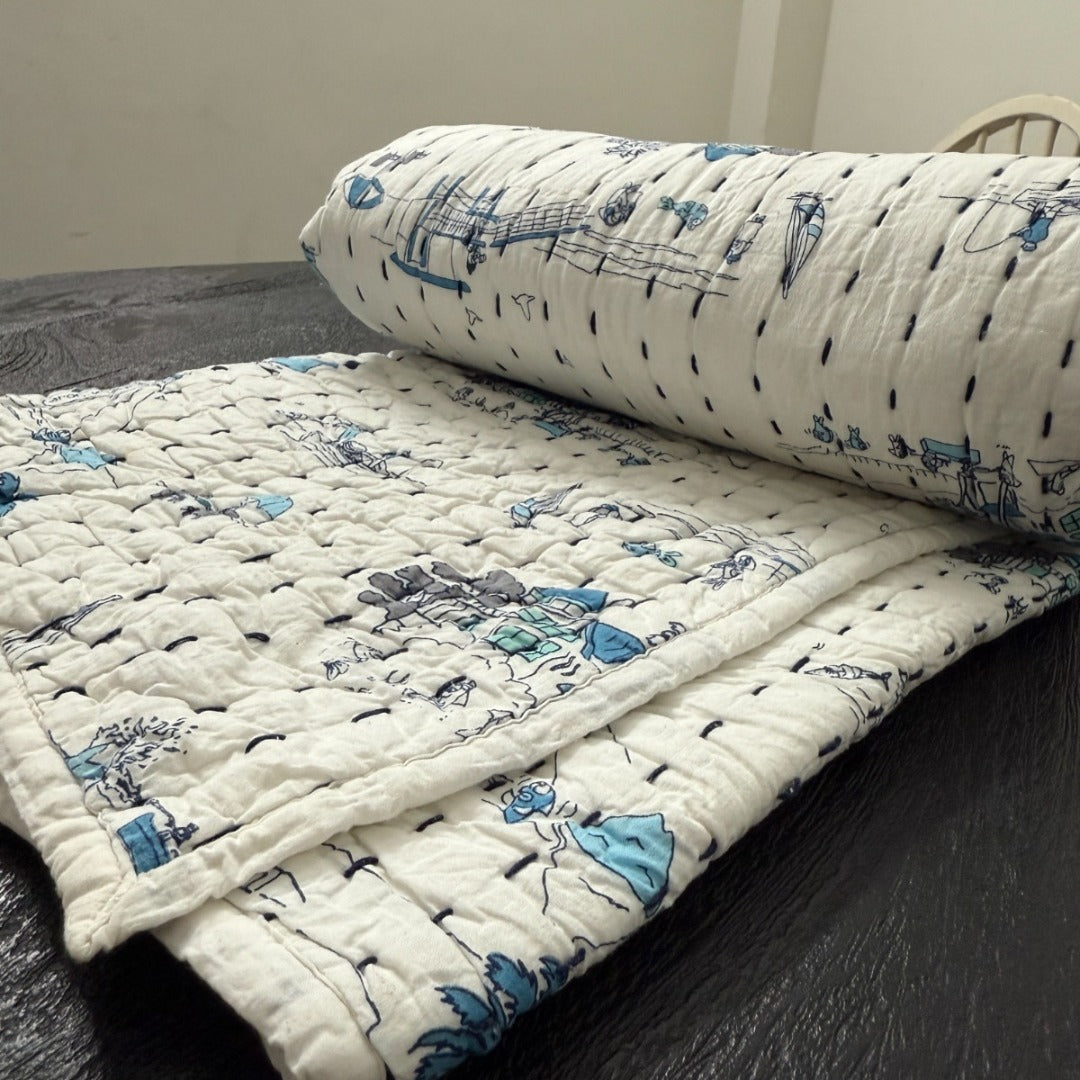 Handcrafted Kids Quilt with Traditional Village Block Print | Soft & Cozy Cotton Quilt for Babies & Toddlers