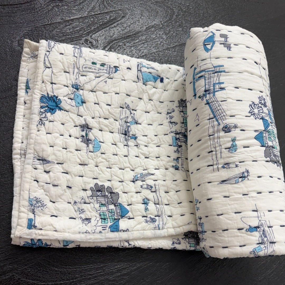 Handcrafted Kids Quilt with Traditional Village Block Print | Soft & Cozy Cotton Quilt for Babies & Toddlers
