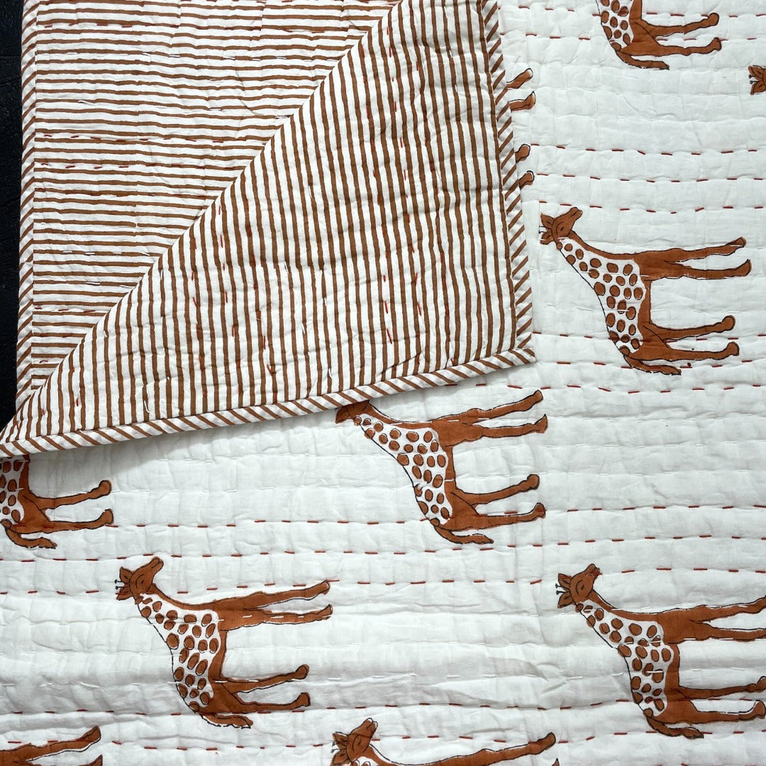 Handcrafted Kids Quilt with Traditional Giraffe Block Print | Soft & Cozy Cotton Quilt for Babies & Toddlers