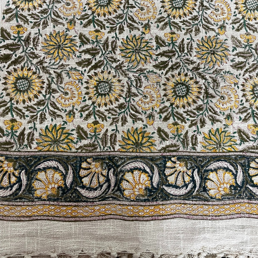 Sunflower Bloom Block Print Cotton Throw | Perfect for Living Room and Bedroom Decor
