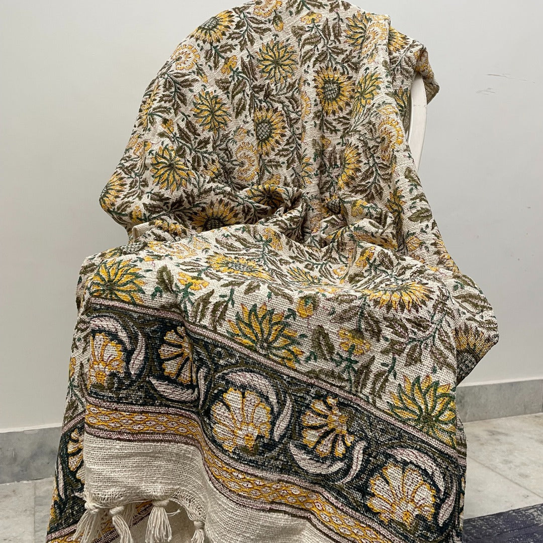 Sunflower Bloom Block Print Cotton Throw | Perfect for Living Room and Bedroom Decor