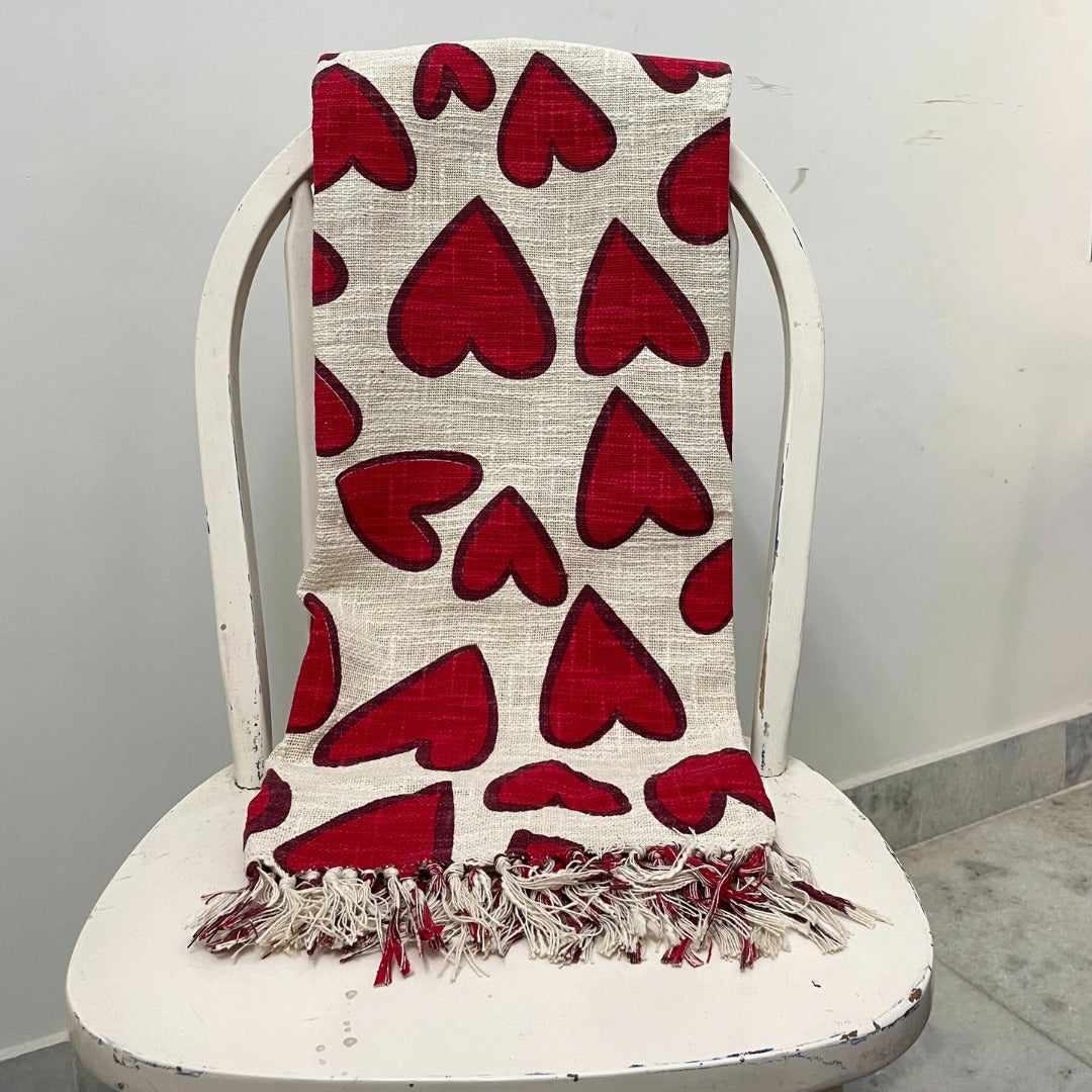 Red Heart Block Print Cotton Throw with Tassels| Perfect for Living Room and Bedroom Decor