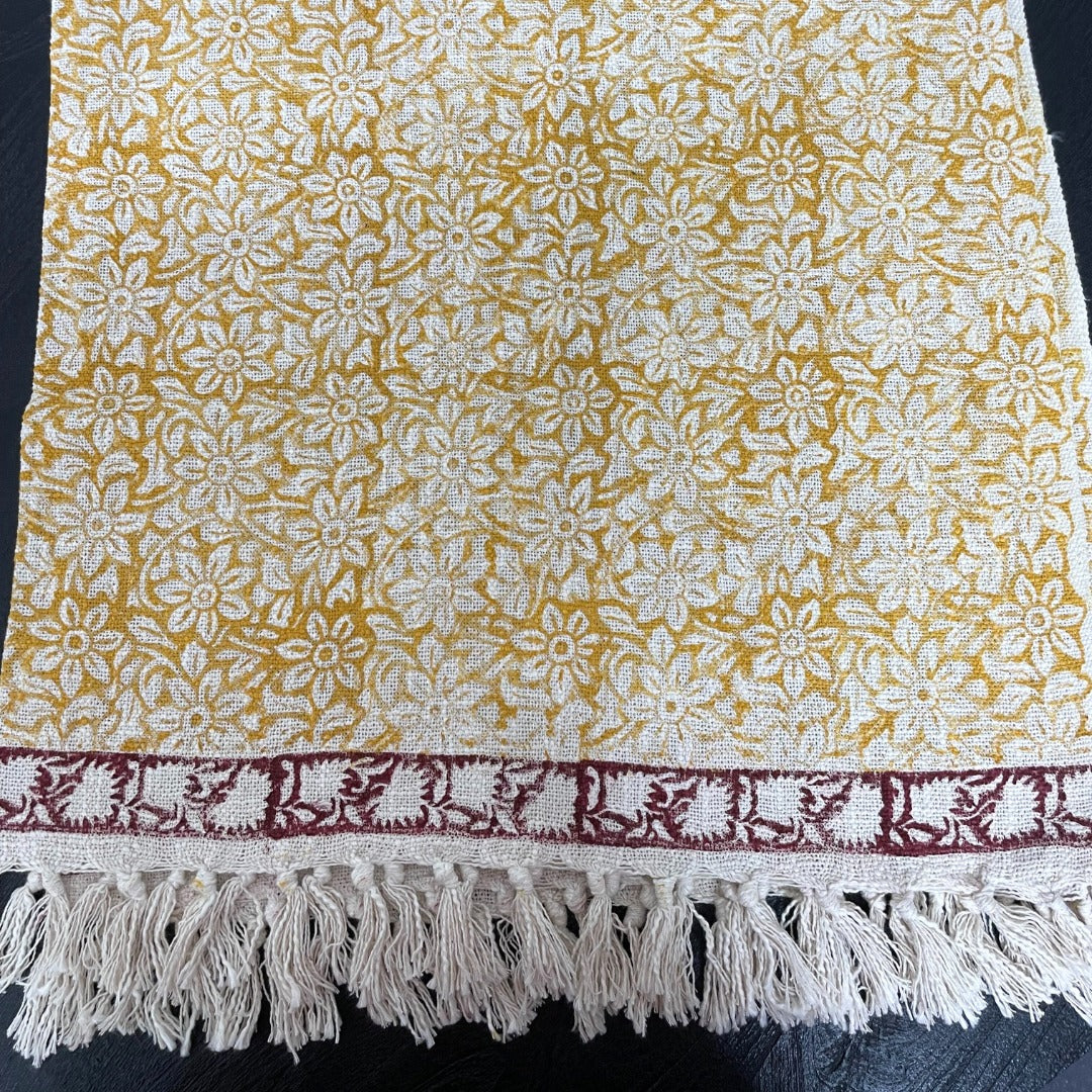 Mustard Floral Block Print Cotton Throw with Tassels | Perfect for Living Room and Bedroom Decor
