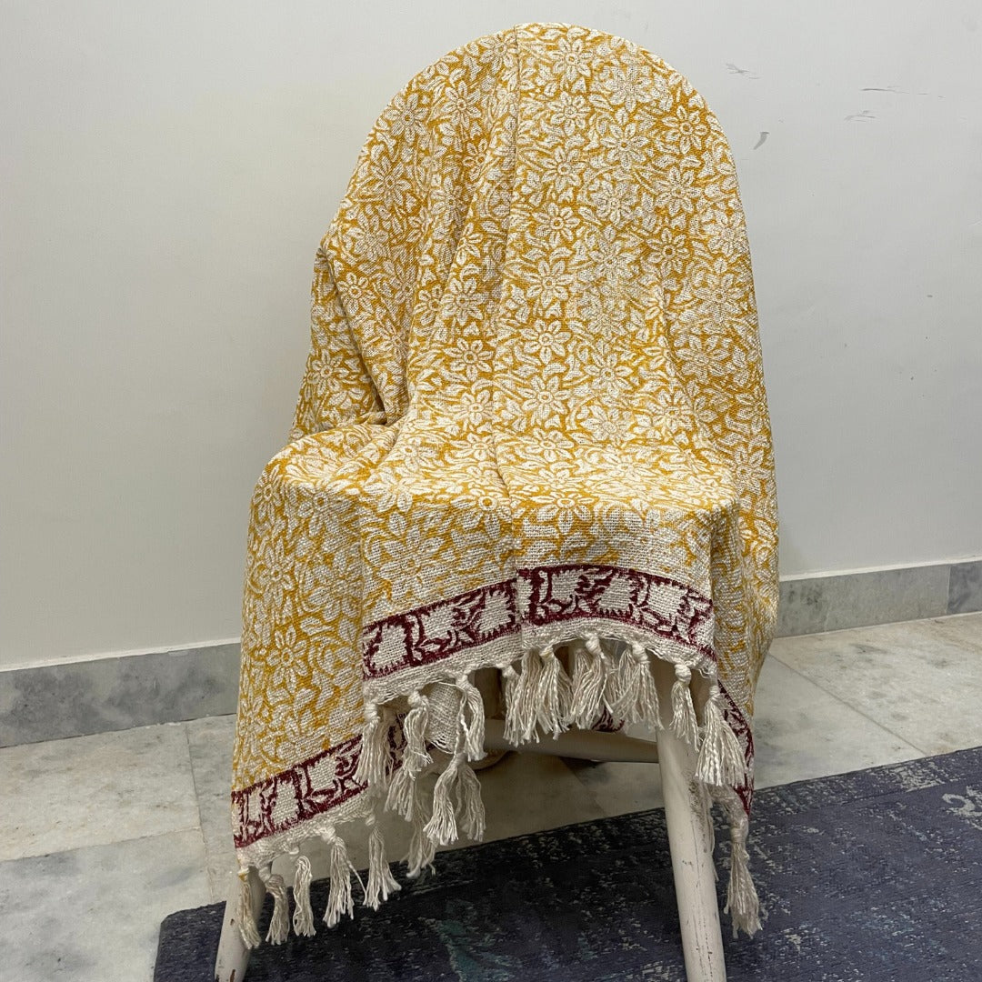 Mustard Floral Block Print Cotton Throw with Tassels | Perfect for Living Room and Bedroom Decor