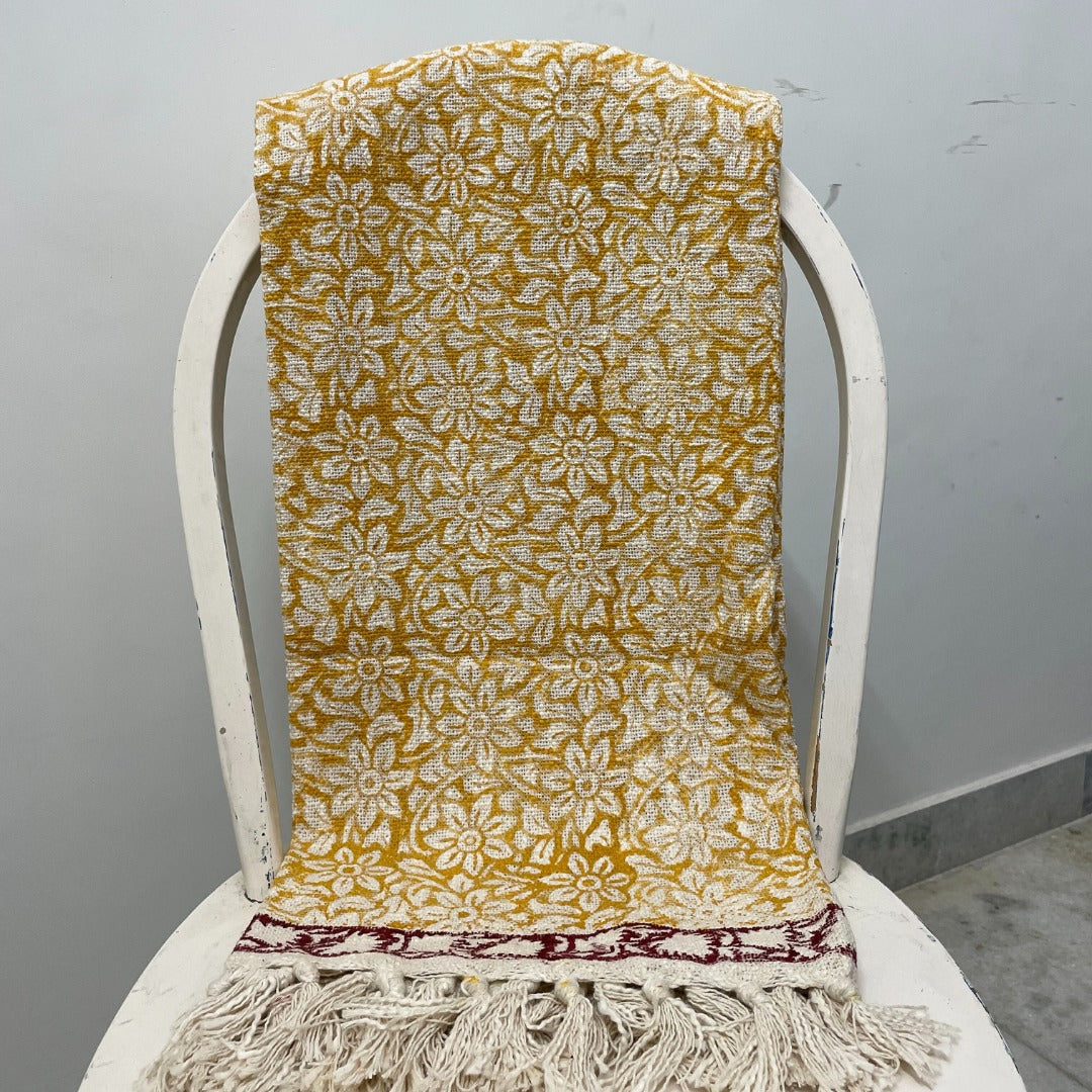 Mustard Floral Block Print Cotton Throw with Tassels | Perfect for Living Room and Bedroom Decor
