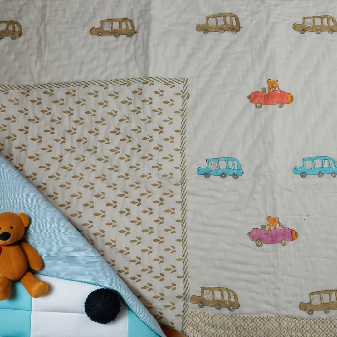 Car Design Handcrafted Block Printed Kids Quilt | Soft & Cozy Cotton Quilt for Babies & Toddlers