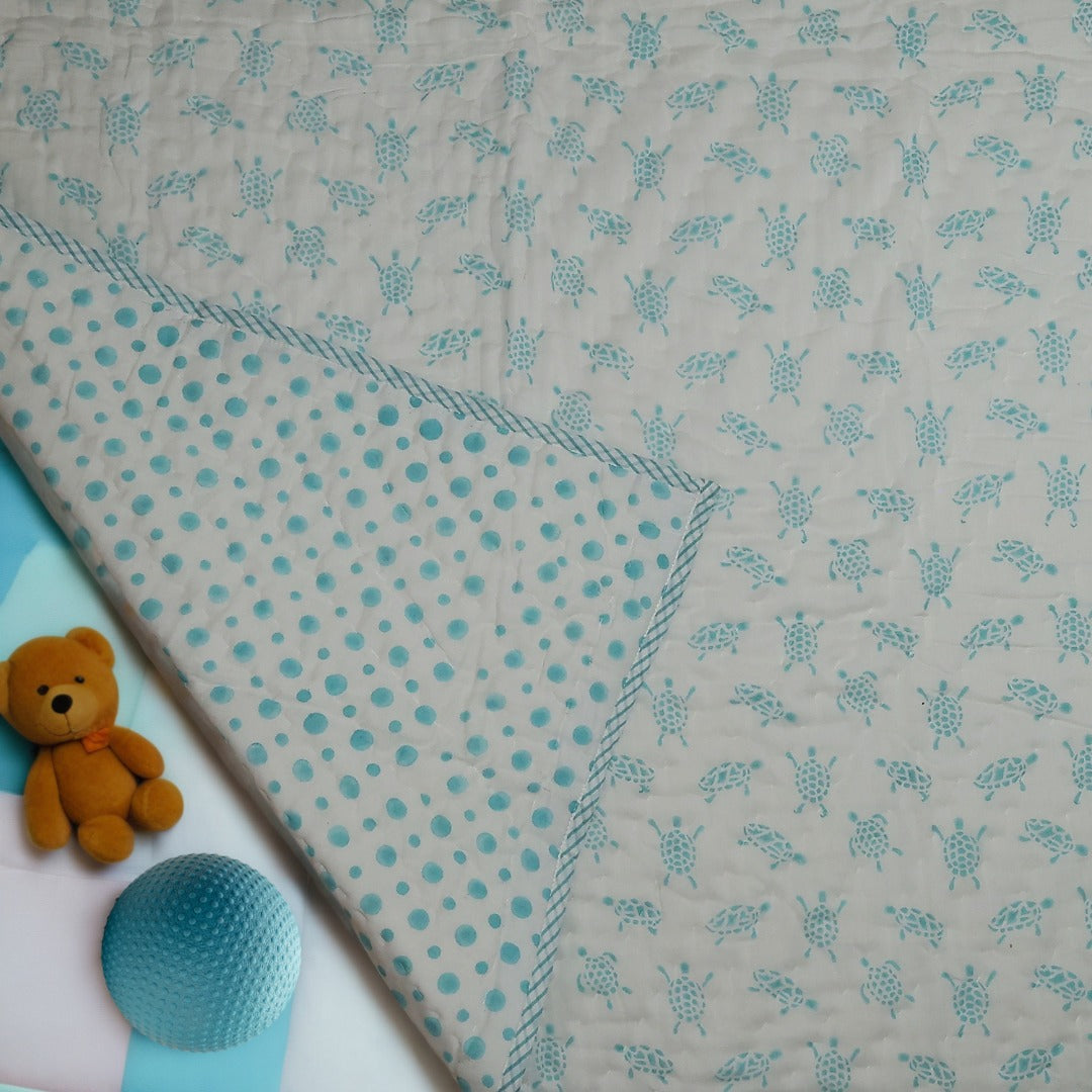 Turtle Design Handcrafted Block Printed Kids Quilt | Soft & Cozy Cotton Quilt for Babies & Toddlers