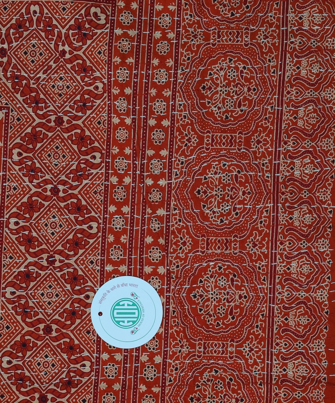 Ajrakh with Kantha Bedcover | Artisan-Made 100% Cotton Bedspread