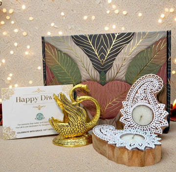 Diwali Gift Box – Swan Tissue Holder +  Wooden Diya Combo
