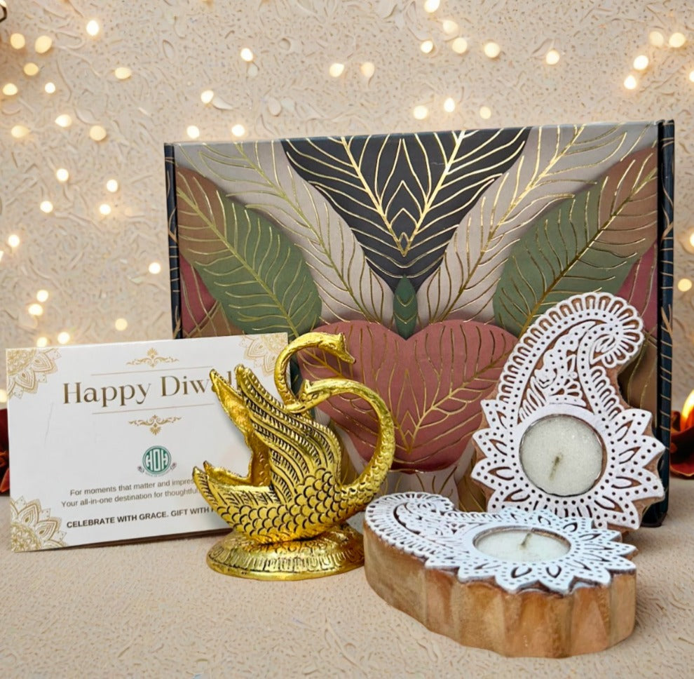 Diwali Gift Box – Swan Tissue Holder +  Wooden Diya Combo