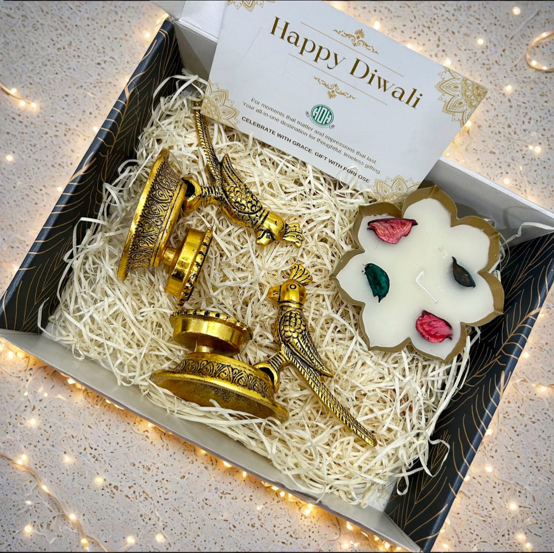 Diwali Gift Box – Parrot T-Light & Metal Wax Diya Combo