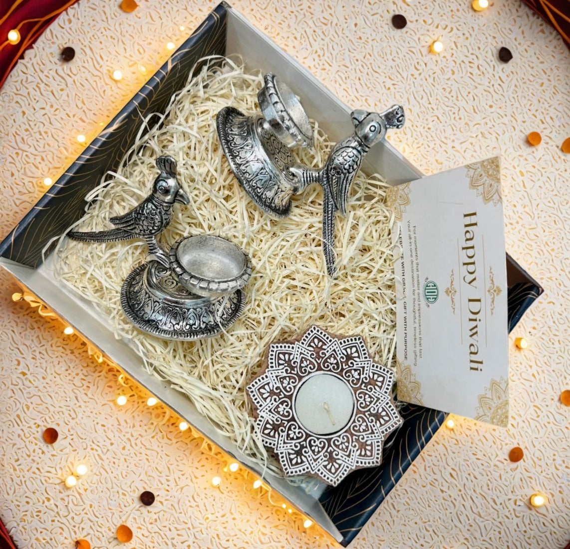 Diwali Gift Box – Parrot T-Light & Wooden Diya Combo