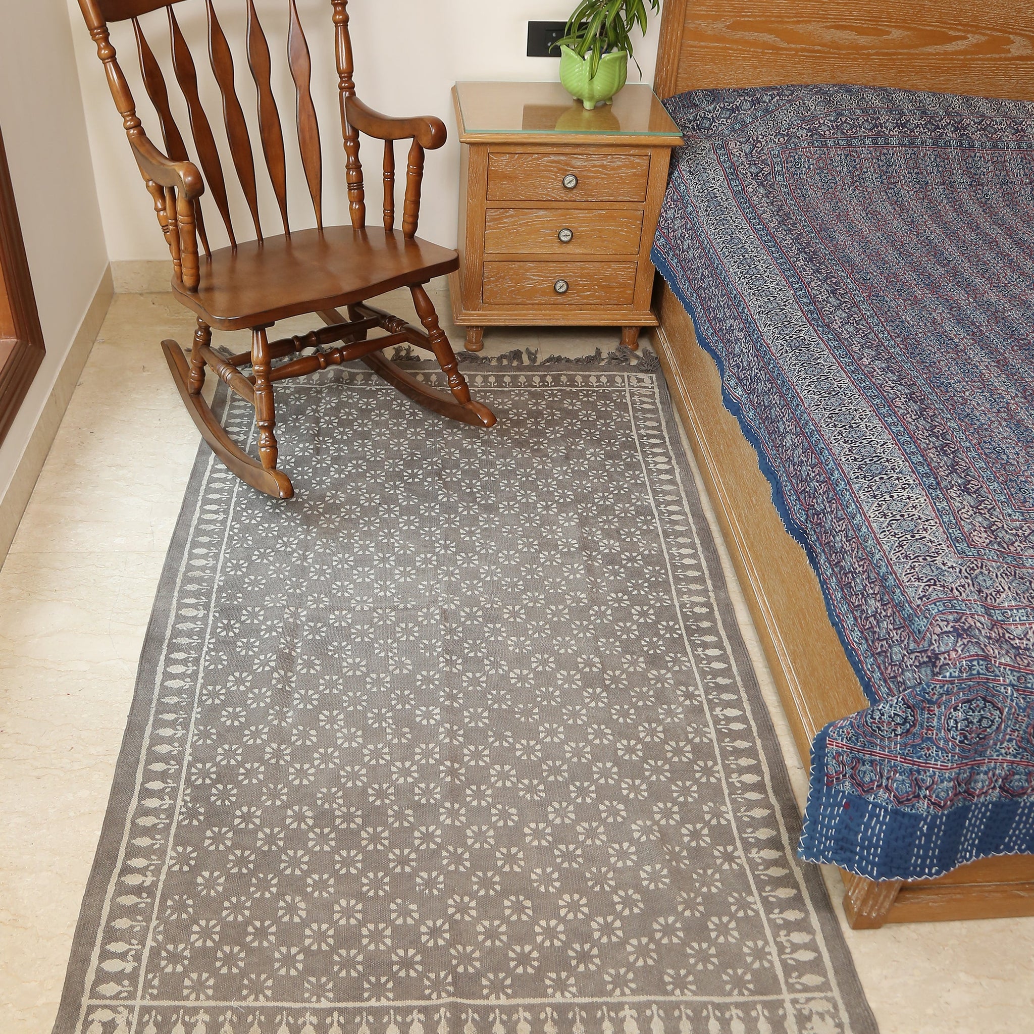 Flowering Dots Block Printed Dhurrie Rug | Handcrafted Cotton Area Rug for Home & Living Room Decor