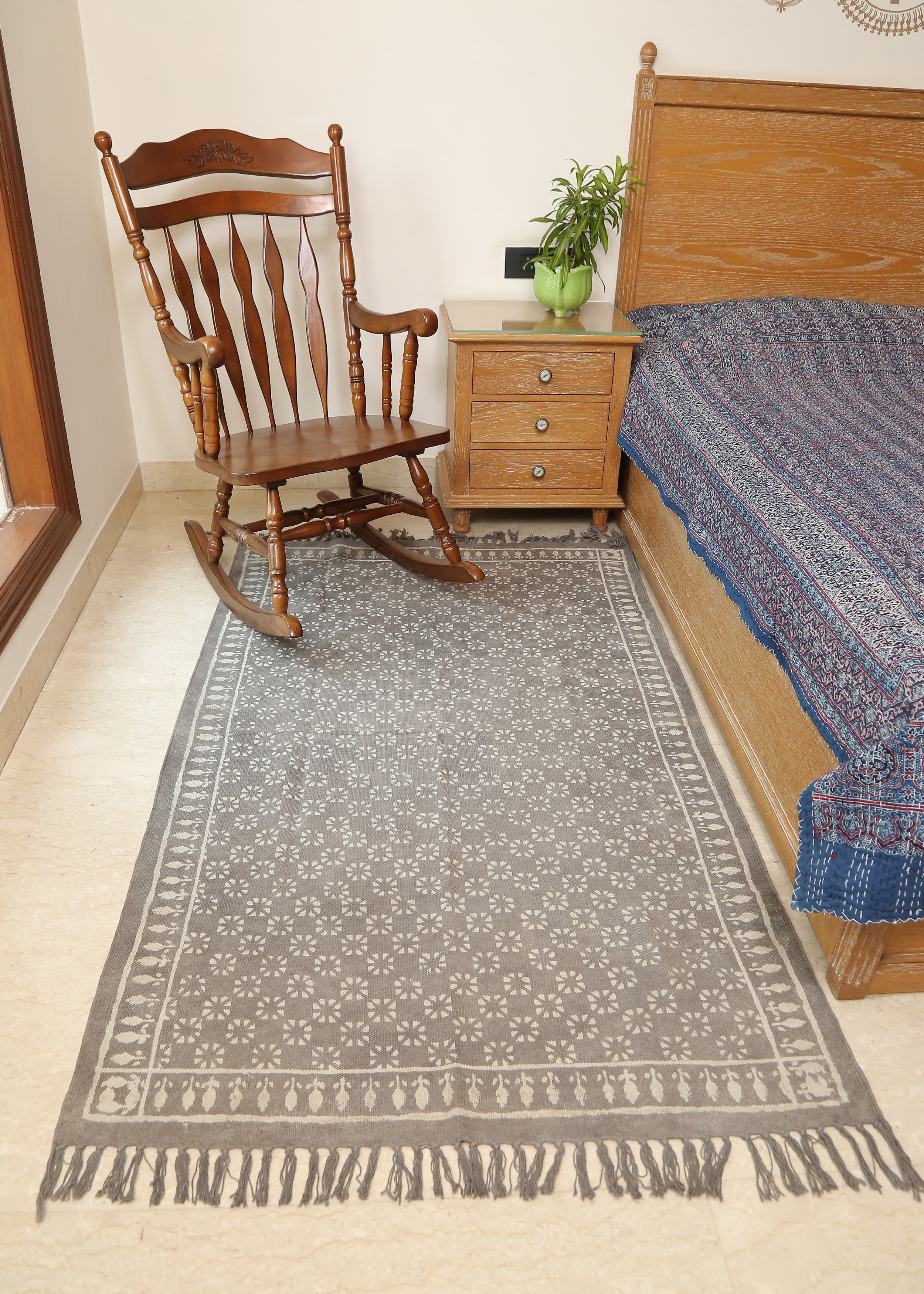 Flowering Dots Block Printed Dhurrie Rug | Handcrafted Cotton Area Rug for Home & Living Room Decor