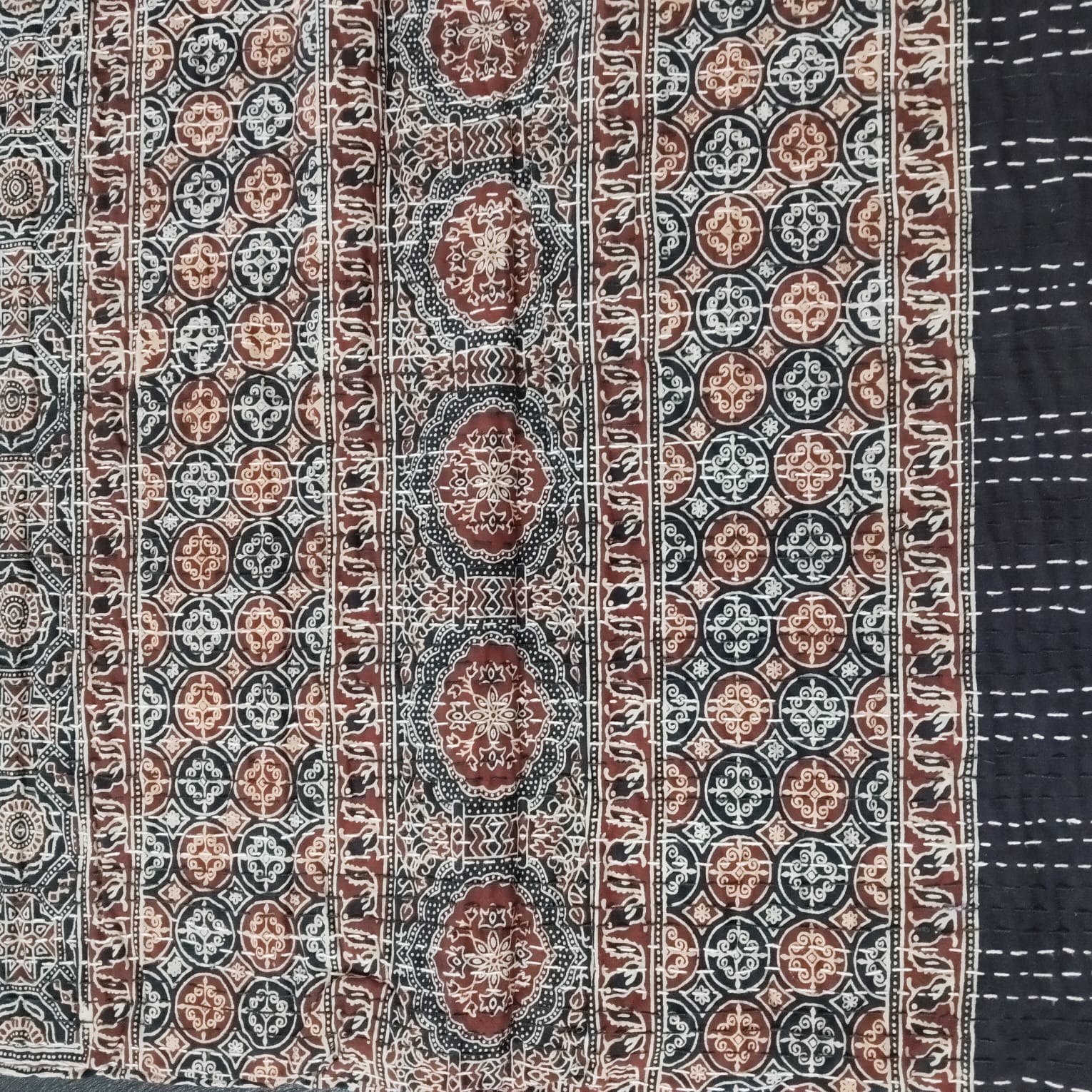 Ajrakh with Kantha Bedcover | Artisan-Made 100% Cotton Bedspread