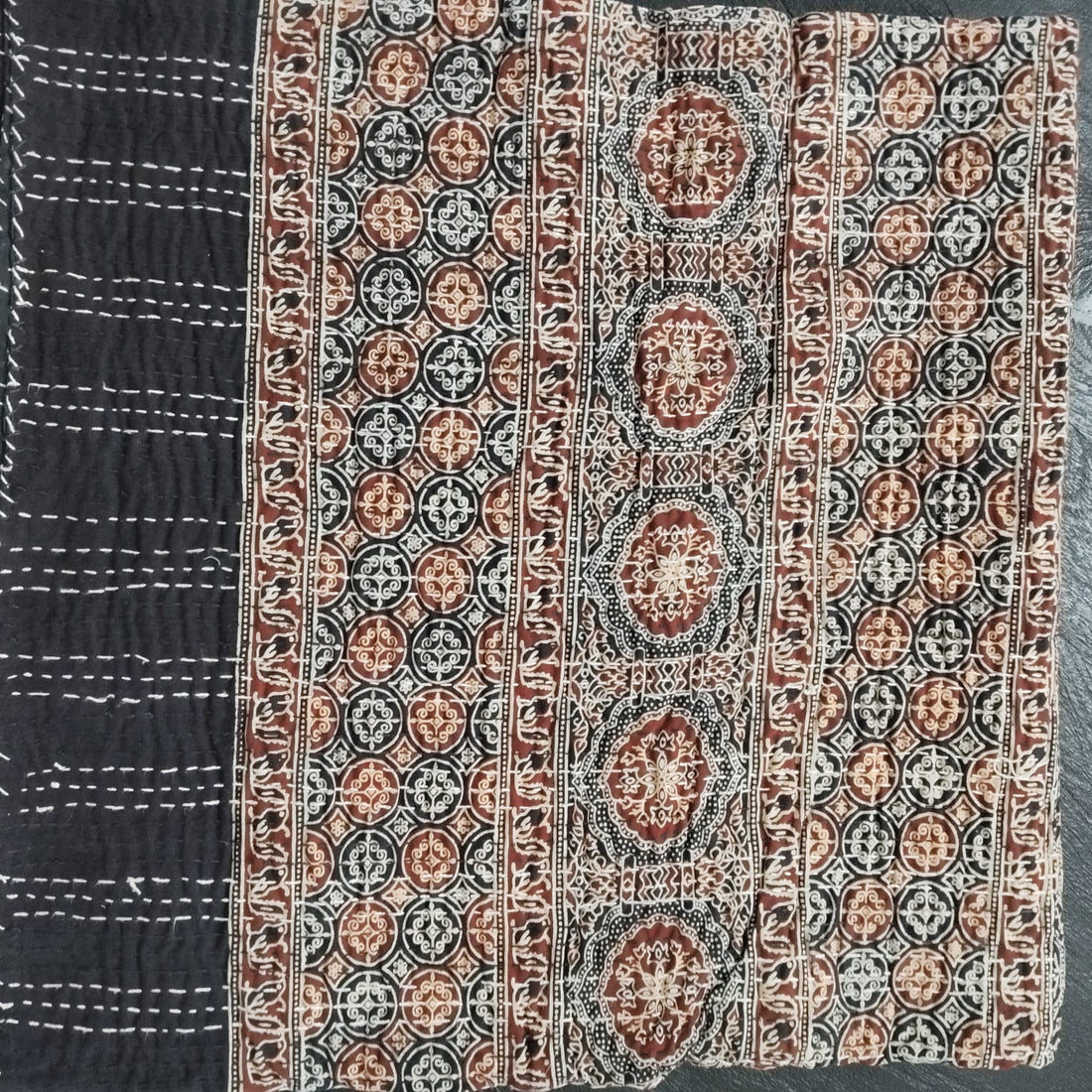 Ajrakh with Kantha Bedcover | Artisan-Made 100% Cotton Bedspread
