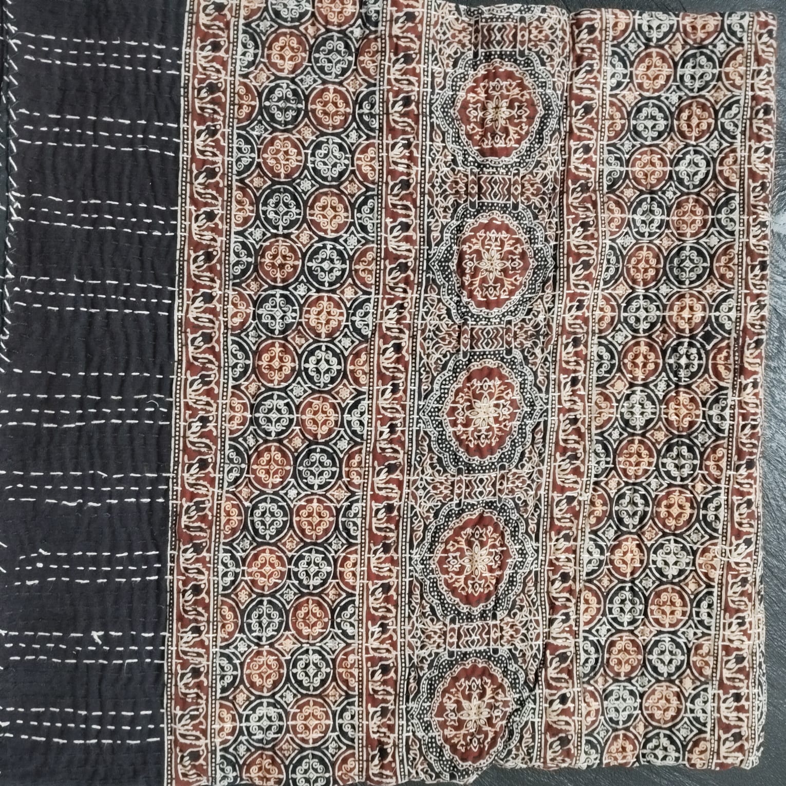 Ajrakh with Kantha Bedcover | Artisan-Made 100% Cotton Bedspread