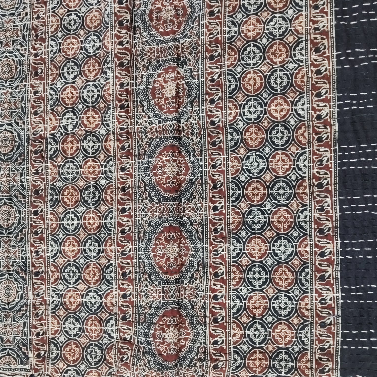 Ajrakh with Kantha Bedcover | Artisan-Made 100% Cotton Bedspread