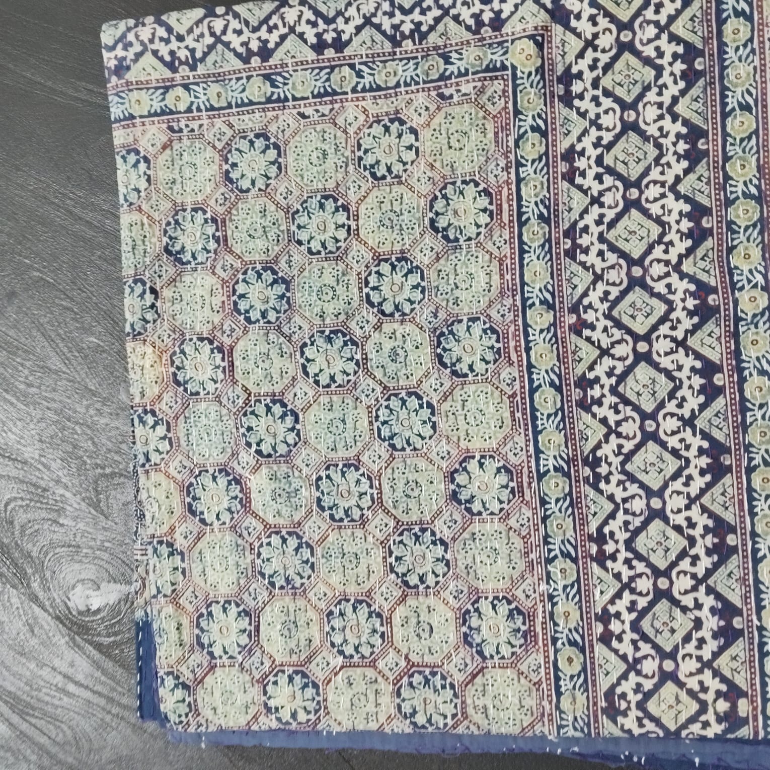 Ajrakh with Kantha Bedcover | Artisan-Made 100% Cotton Bedspread