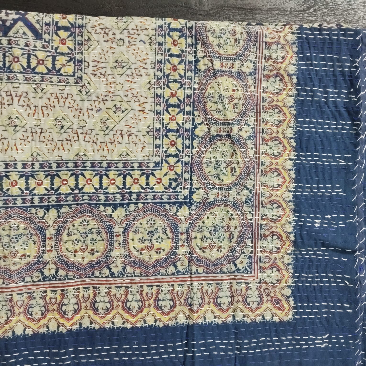 Ajrakh with Kantha Bedcover | Artisan-Made 100% Cotton Bedspread